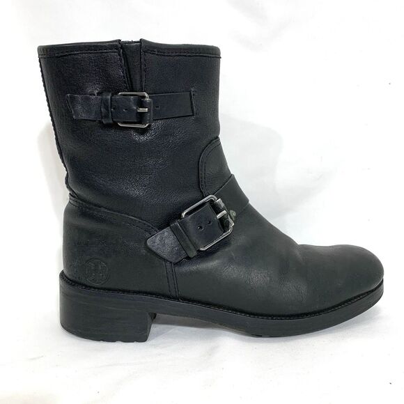 TORY BURCH LEATHER ANKLE BOOTIES BLACK ZIP-UP STRAP BUCKLE BOOTS SIZE 8.5 - Picture 6 of 15